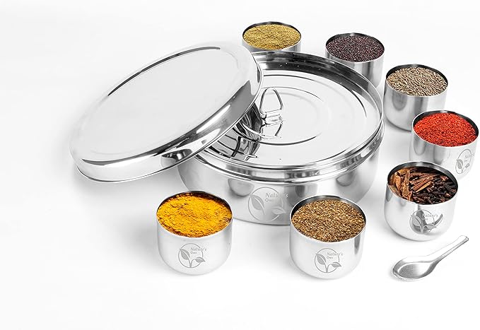 Nature's Own Masala Dabba - Stainless Steel Spice Box with 7 Compartments, Indian Masala Dabba, Spice Container for Kitchen Storage, Includes 7 Spice Containers, 7x7x3, Durable and Easy to Clean