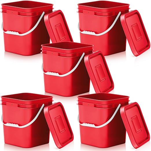 Mumufy 5 Pcs 3.5 Gallon Square Food Grade Bucket with Lid Square Bucket Pail Plastic Handles for Long Term Food Storage, Camping, Fishing, Home Organization Easy Stack and Store (Red)
