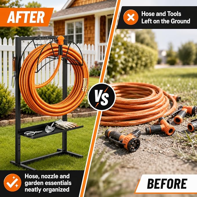 facka Garden Hose Holder Freestanding Metal Hose Stand 4-Prong Shelf Hooks | Holds up to 160FT Hose for Yard Garden Outdoor，Water Hose Holder and Hose Hanger, Alternative to Hose Reels for Outside