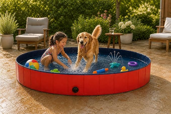 lionto Foldable Dog Pool Made of Scratch-Resistant PVC Material, Ø 62,9 in, Height 11,8 in, Anti-Slip Coating & Drain Plug for Quick Emptying, no Pump Required, Robust Children's Pool, Blue/red
