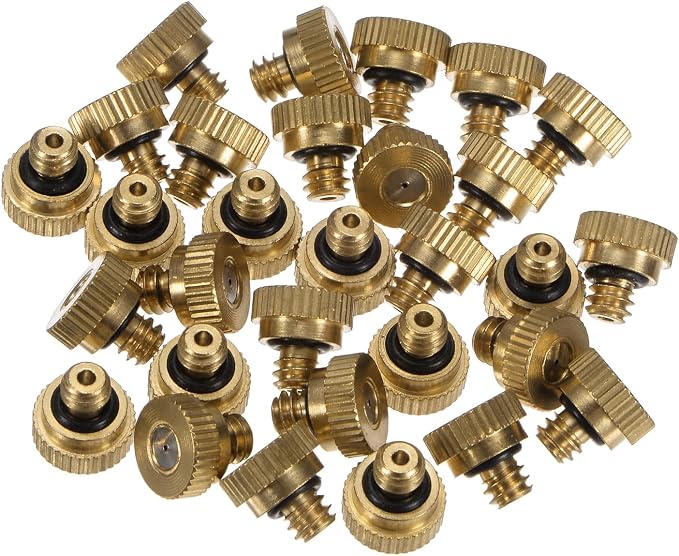 M METERXITY 30-Pack Brass Misting Nozzle, 0.024" 0.6mm Orifice 10/24 UNC O-Ring Replacement Mister Nozzles Plug Mister Heads for Garden Patio Outdoor Cooling System Low-Pressure Atomizing
