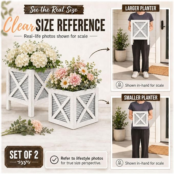 Autumn Alley Farmhouse Front Porch Planters Set of 2 Stand with Galvanized Corrugated Metal Planter for Outdoors/Indoors - Rustic Wood Square Planters Box on Legs – Charming Farmhouse Décor, White