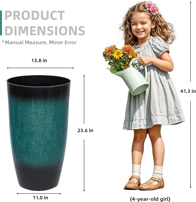 Autodaya 23.8" Tall Outdoor Planters Set of 2, Ceramic-Look Large Plastic Flower Pots with Drainage Holes, Gradient Turquoise Indoor Outdoor Plant Pots for Porch Patio Balcony Garden Home Decor