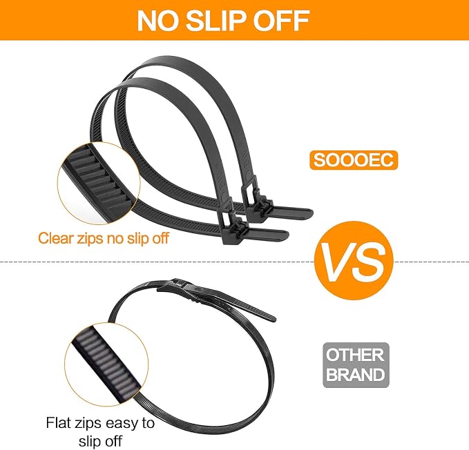 SOOOEC 100 Pack Reusable Zip Ties 8 Inch Heavy Duty Outdoor UV Resistant, Releasable Black Zip Ties Heavy Duty Indoor Round Ending No Hurt, Cable Ties Reusable Tie Wraps Non Slip Off