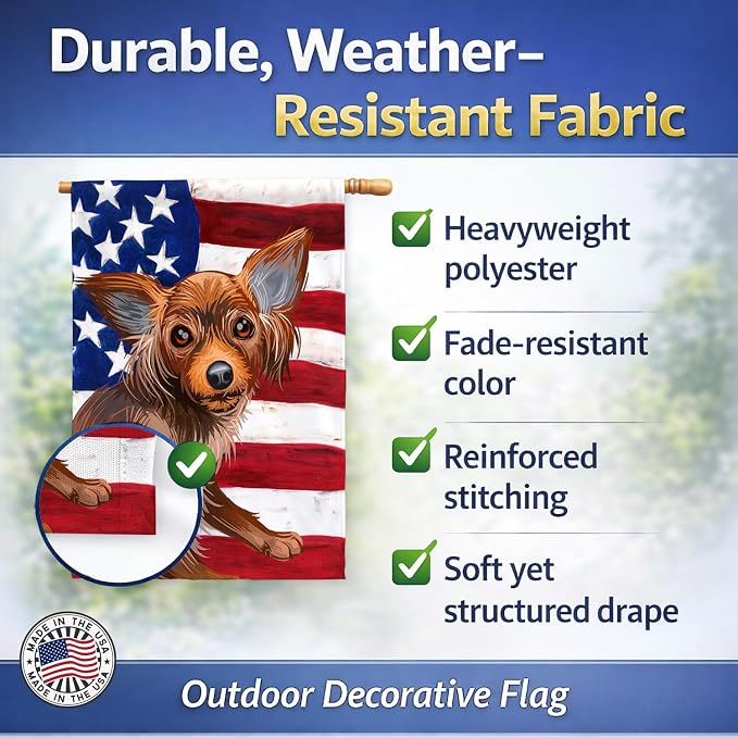 Caroline's Treasures CK6680CHF Russian Toy Dog American Flag House Flag Large Porch Sleeve Pole Decorative Outside Yard Banner Artwork Wall Hanging, Polyester, House Size, Multicolor