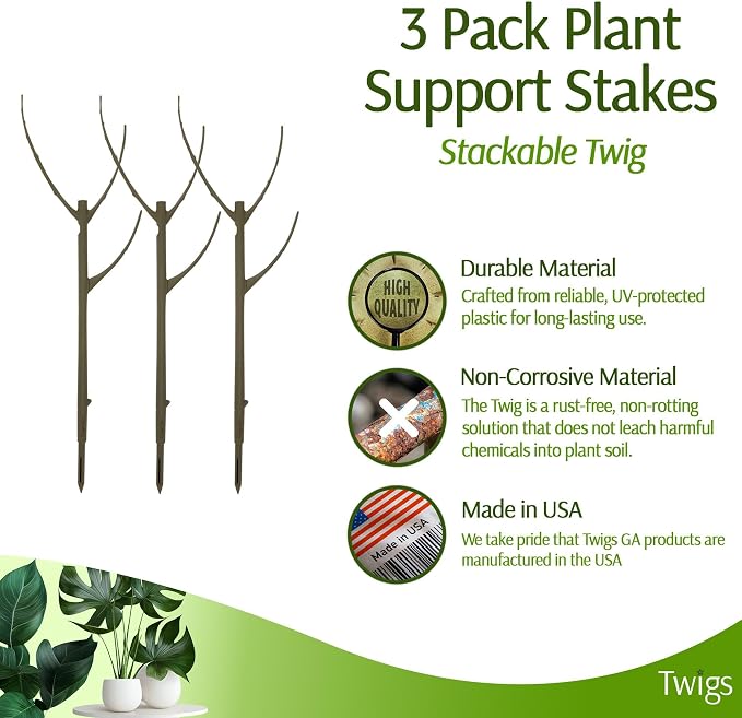 Twigs GA Stackable Plant Support Stakes, Moonstone, 3-Pack, 17" L | Made in USA, UV-Protected Sticks, Natural-Looking Stem Support Stakes, Stackable Poles for Indoor & Outdoor Plants up to 5ft