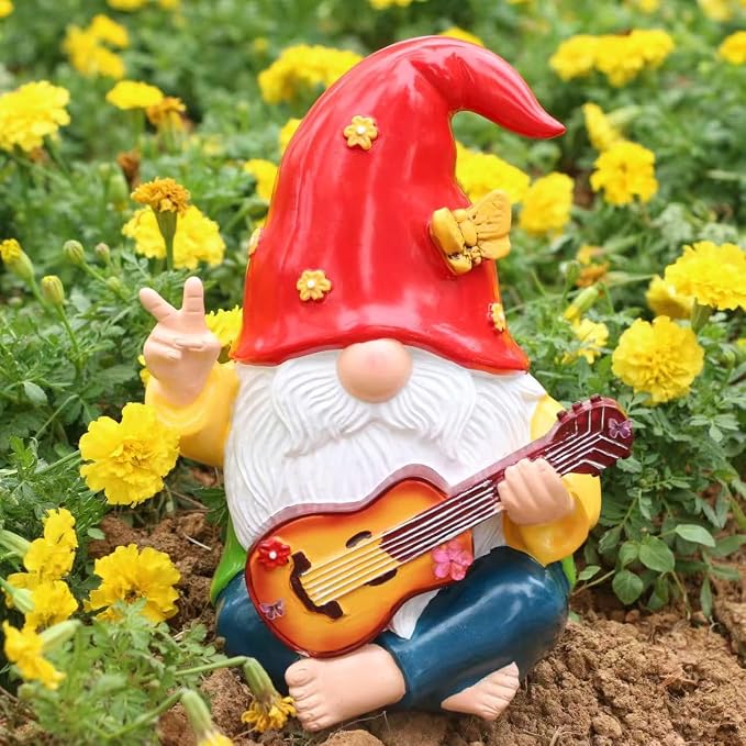 Hippie Garden Gnome Statue,Funny Gnome Figurine with Guitar -9.3‘’ Outdoor Resin Lawn Ornament,Unique Gift for House,Lawn,Patio and Porch, Gifts for Garden Lovers
