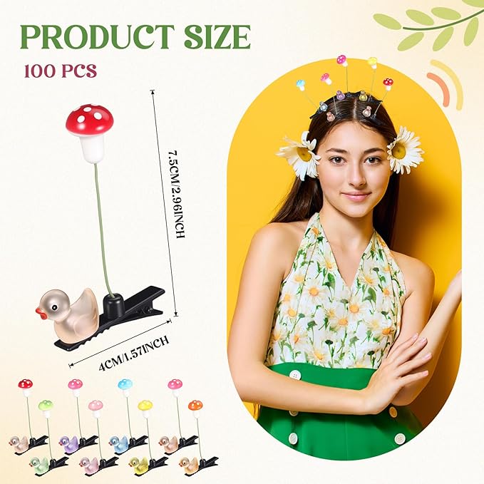 Tigeen 100 Pcs Glow Rave Trinkets Festival Duck Hair Clip with Bean Sprout Mushroom Sprout Hairpins Holiday Funny Plant Flower Hair Accessories for Women Music Festival