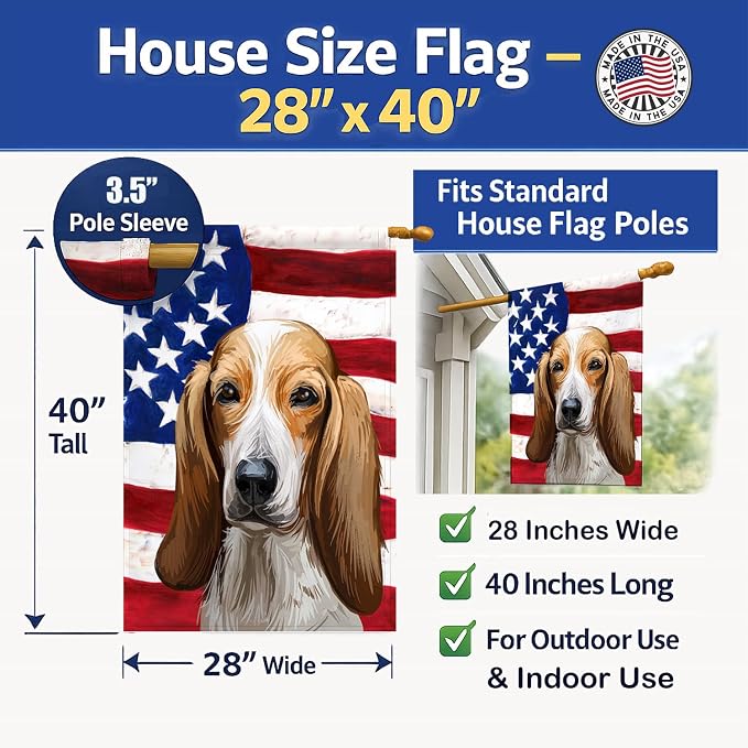 Caroline's Treasures CK6684CHF Colombian Fino Hound Dog American Flag House Flag Large Porch Sleeve Pole Decorative Outside Yard Banner Artwork Wall Hanging, Polyester, House Size, Multicolor