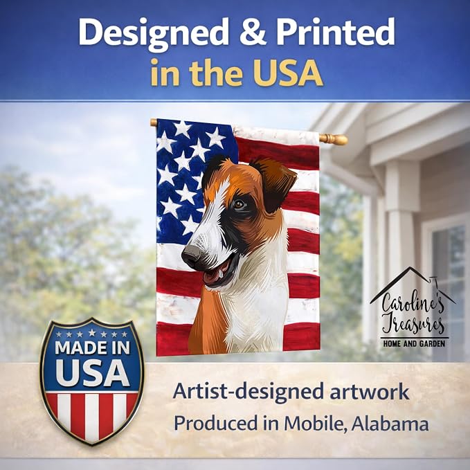 Caroline's Treasures CK6528CHF Fox Terrier Smooth Dog American Flag House Flag Large Porch Sleeve Pole Decorative Outside Yard Banner Artwork Wall Hanging, Polyester, House Size, Multicolor