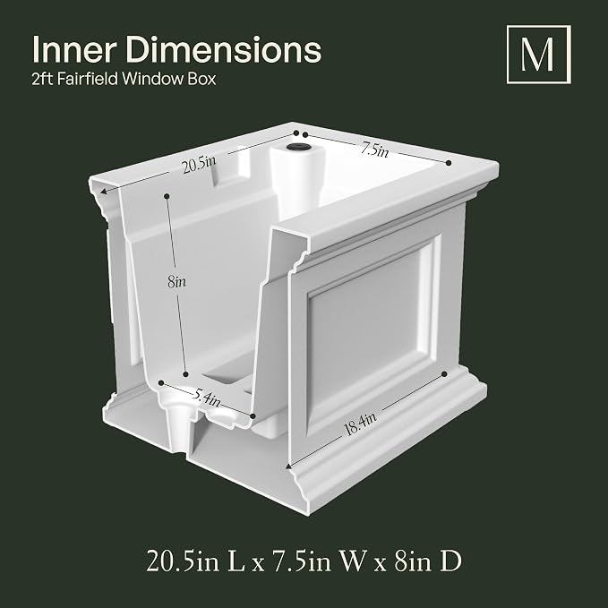 Mayne Fairfield 2ft Window Box, Self Watering Flower Box with Double Wall Design, All Season Fade Resistant Outdoor Window Planter with Steel Mounting Bracket, White