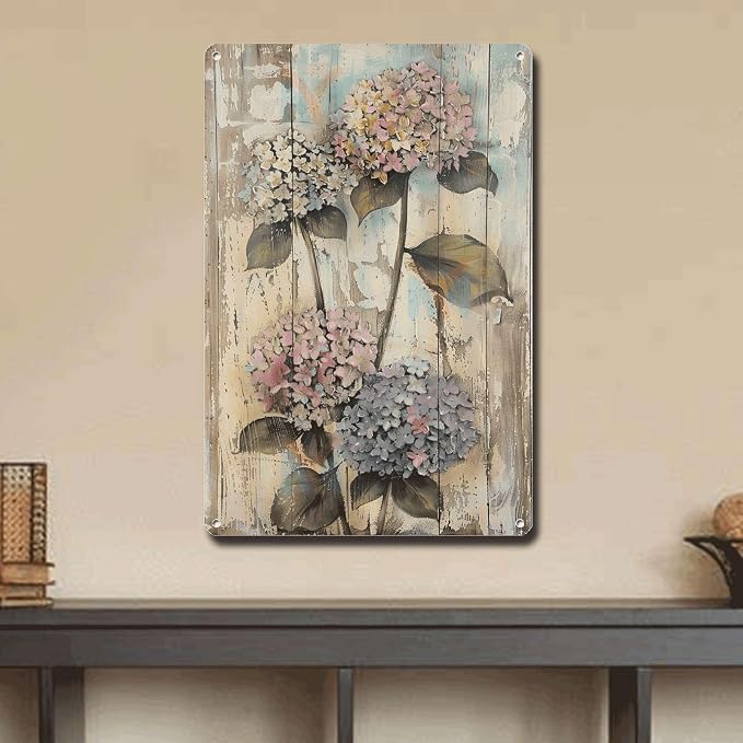 Metal Sign Tin Sign Vintage Wall Art Shabby Chic Hydrangea Tin Sign for Opulent Nature Art Vintage Wall Displays and Distressed Wood P Metal Signs Vintage for Restaurant 6×8 Inches