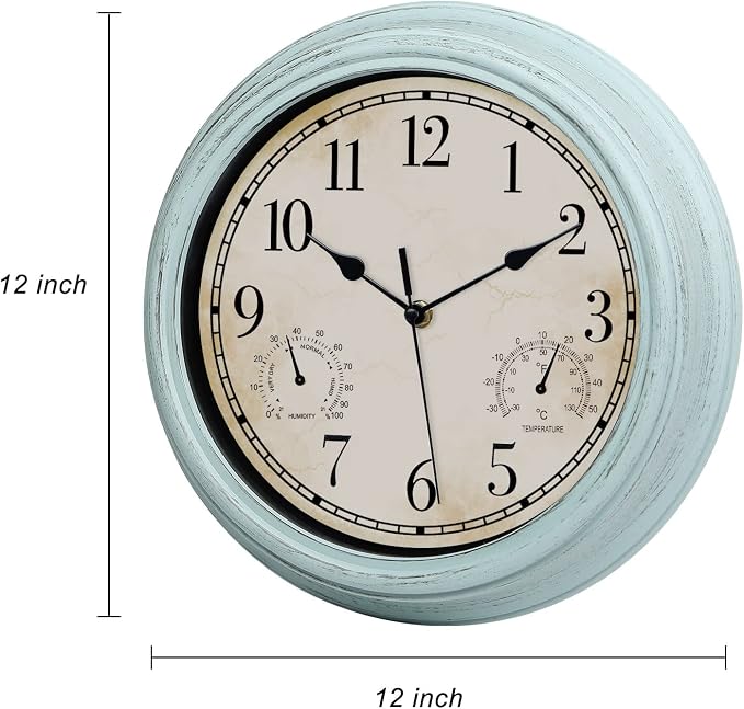 12 Inch Indoor Outdoor Retro Waterproof Wall Clock with Thermometer and Hygrometer, Battery Operated Quartz Round Wall Clock Silent Non Ticking Home Decor,Blue