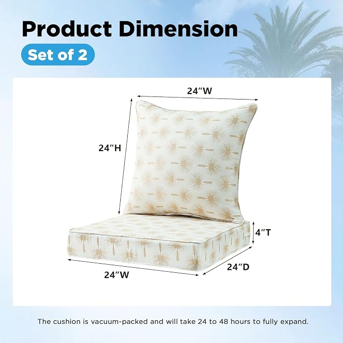 Outdoor Deep Seat & Back Cushion Set (2-Pack), 24 x 24 Inch Water Repellent and Fade Resistant Patio Furniture with Removable Cover for Outside Sofa Couch, Radiant Floral Brocade