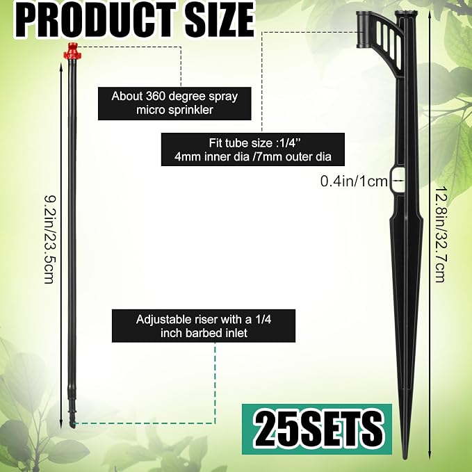 25 Pcs 12.8 Inch Drip Irrigation Stakes with 360 Degree Sprayer Emitters and Sprinkler Extension Riser for 1/4 Inch Drip Tubing Micro Sprinkler Heads Stakes for Garden Watering System, Red