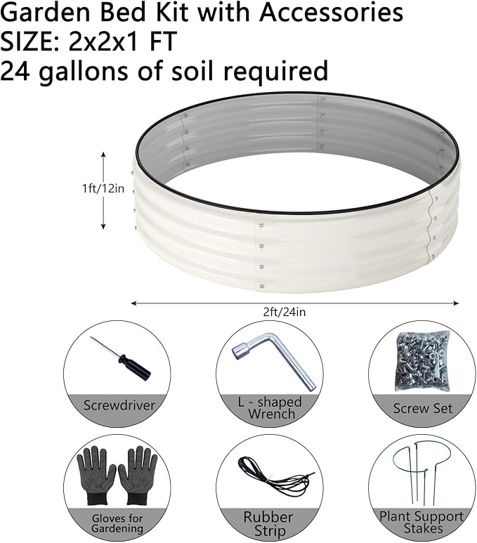 ZFHgarden Galvanized Metal Planter Round Raised Garden Bed Kit for Gardening Outdoor，2x2x1ft 2pc Grow Garden Box Raised Flower Bed，Round Galvanized Planter Outdoor Metal Fire Pit Ring White