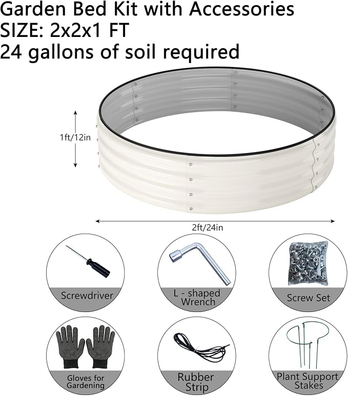 ZFHgarden Galvanized Metal Planter Round Raised Garden Bed Kit for Gardening Outdoor，2x2x1ft Grow Garden Box Raised Flower Bed，Round Galvanized Planter Outdoor Metal Fire Pit Ring White