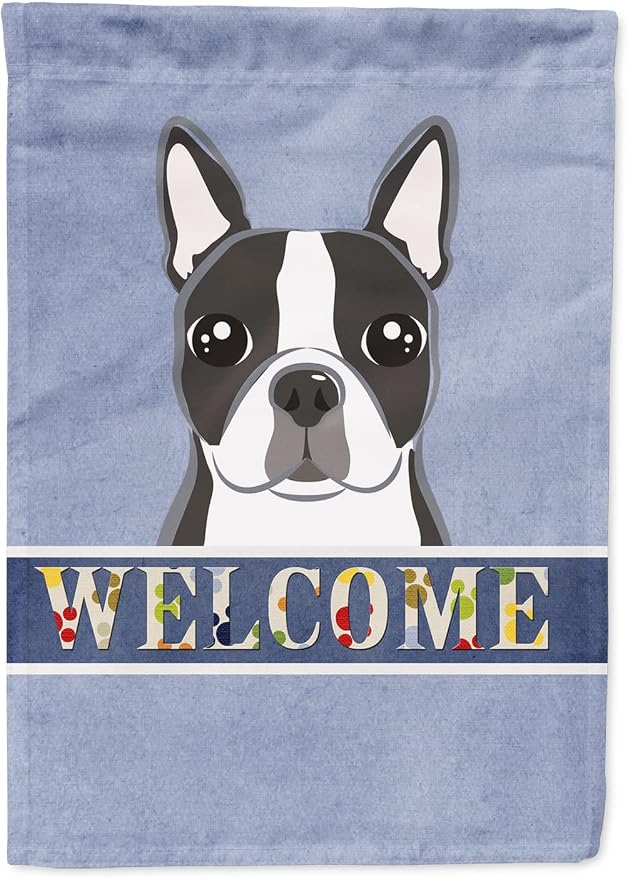 Caroline's Treasures BB1389CHF Boston Terrier Welcome House Flag, Blue Large Porch Sleeve Pole Decorative Outside Yard Banner Artwork Wall Hanging, Polyester, House Size, Multicolor