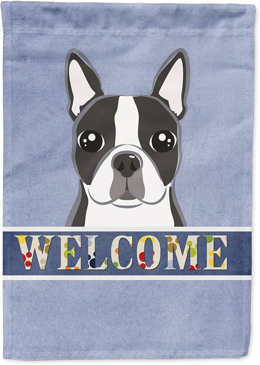 Caroline's Treasures BB1389CHF Boston Terrier Welcome House Flag, Blue Large Porch Sleeve Pole Decorative Outside Yard Banner Artwork Wall Hanging, Polyester, House Size, Multicolor