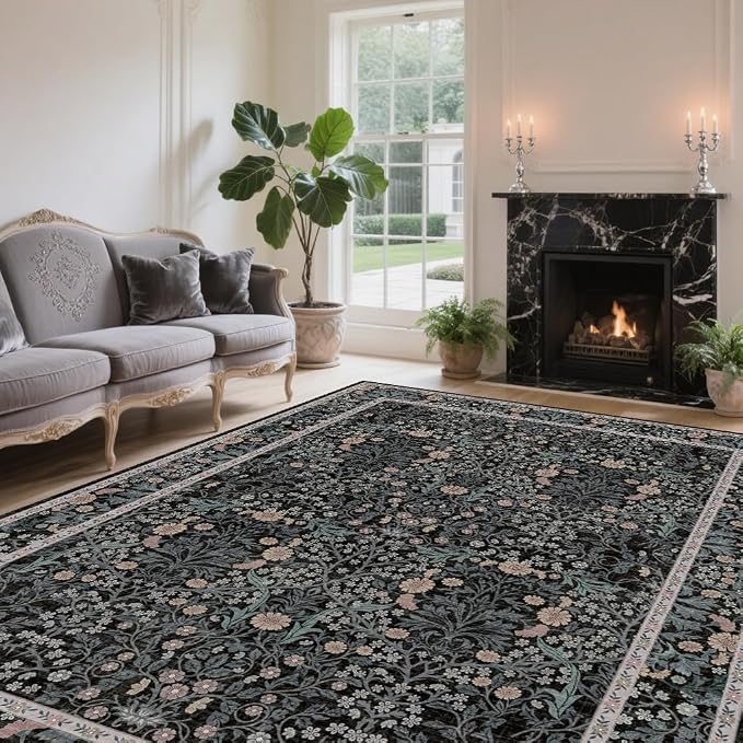 Vintage Black Living Room Rug, 5x7 Washable Area Rugs for Dining Room Under Table, Soft Low Pile Large Carpet Bedroom, Non-Slip Boho Floral (5 x 7 Black)