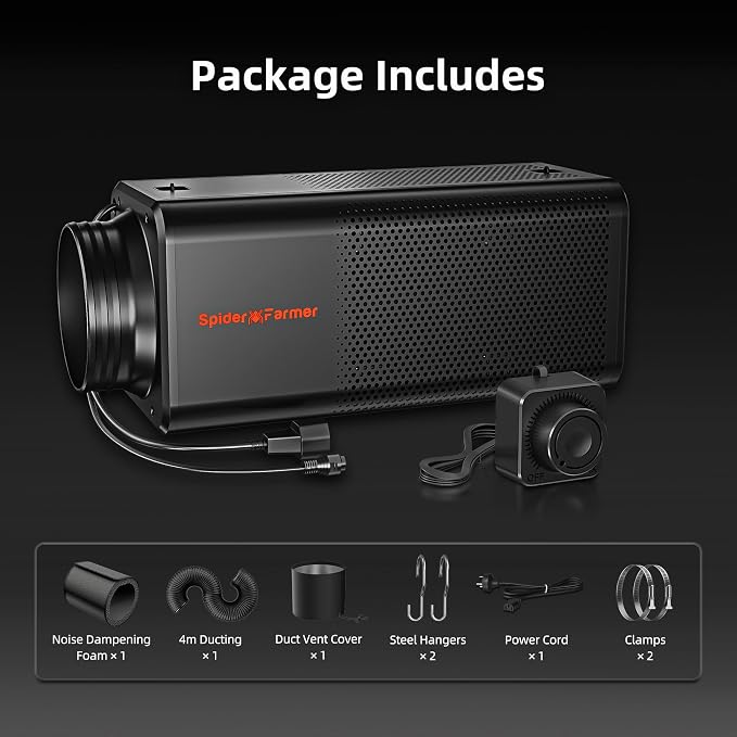 Spider Farmer 6 inch Inline Fan with Carbon Filter, 345 CFM for Grow Tents | 2 in 1 Design，EC Motor，RJ12 Speed Controller, ABS+PC Housing, Plug and Play, Air Filtration