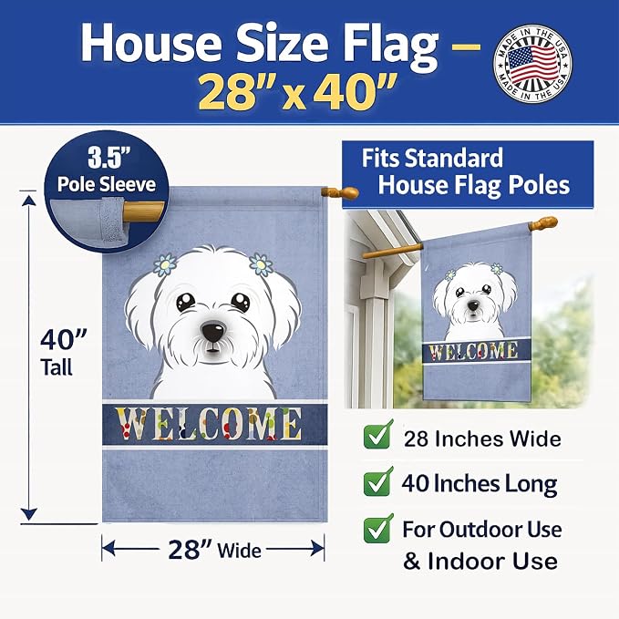 Caroline's Treasures BB1394CHF Maltese Welcome House Flag, Blue Large Porch Sleeve Pole Decorative Outside Yard Banner Artwork Wall Hanging, Polyester, House Size, Multicolor