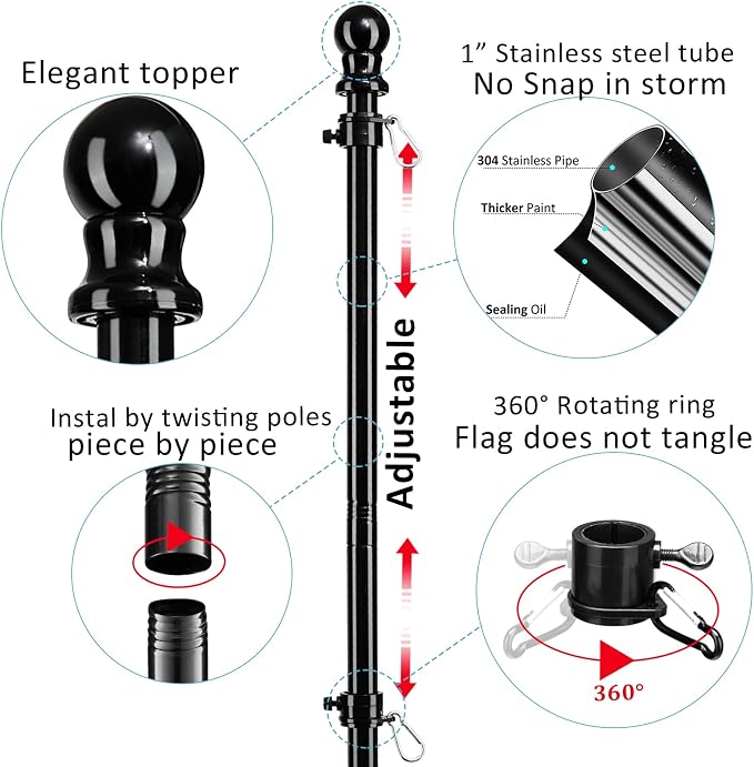 Black Flag Poles for Outside in Ground - 8.3ft Flag Pole for House with 2 Pronges Base - Stainless Steel Flag Pole Kit with 3x5FT American Flag for Yard Residential Commercial