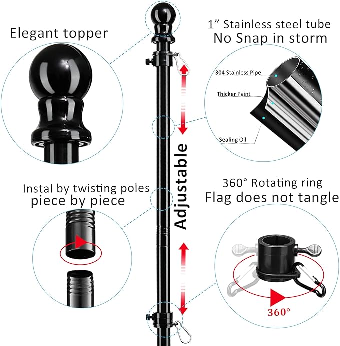 Black Flag Poles for Outside - 8.5FT Metal Outdoor Yard Flag Pole Holder with 2 Prongs Base - 3x5FT American Flag with Pole