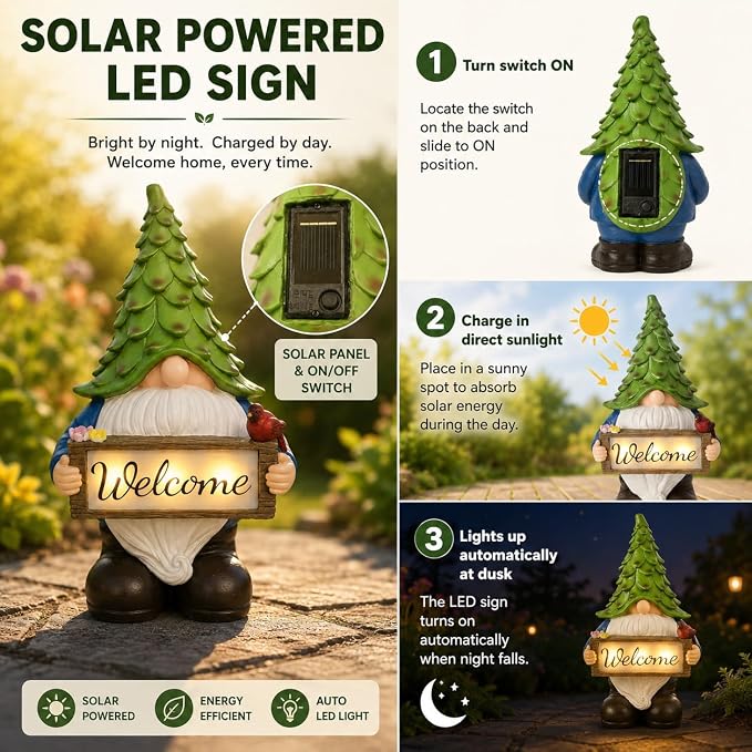 Solar Garden Gnome Statue with Welcome Sign, 13.5" Resin Outdoor Gnome Decor with LED Light, Cute Garden Statue for Yard, Porch, Patio, Lawn, Housewarming Gifts for Women Mom Grandma