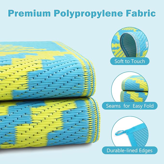 Lahome Outdoor Plastic Straw Rug, Reversible Outdoor Rug Waterproof 6x9 Patio Rugs, Camping Rugs for RV Backyard Deck Porch Picnic Beach Trailer (Blue/Yellow, 6' x 9')