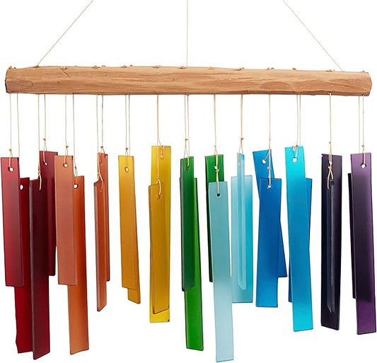 Blue Handworks Color Spectrum Glass and Driftwood Chime | Sandblasted Glass and Found Wood Hand Crafted Wind Chime