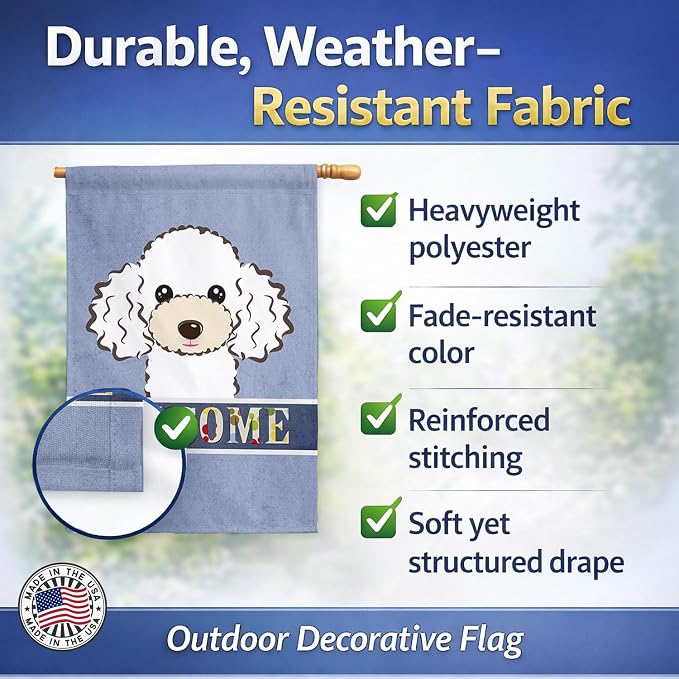 Caroline's Treasures BB1443CHF White Poodle Welcome House Flag, Blue Large Porch Sleeve Pole Decorative Outside Yard Banner Artwork Wall Hanging, Polyester, House Size, Multicolor