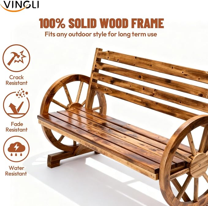 VINGLI Rustic Wooden Wheel Bench Outdoor Bench, Patio Bench Wagon Slatted Seat, Garden Benches for Outdoors 350lbs High Capacity, Weather Resistance (Teak, 55in)
