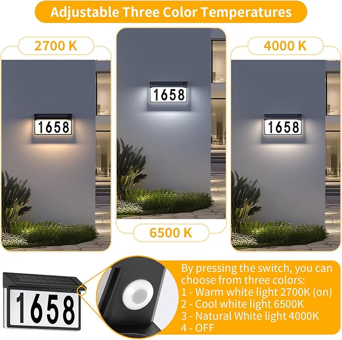 Solar Address Sign, Solar Lighted House Numbers for Outside, 3 Colors Waterproof Illuminated House Number Plaque With Stake, Wall Mounted or In Ground Solar Address Numbers for Yard Garden Street Home (Black, 1 Pack)
