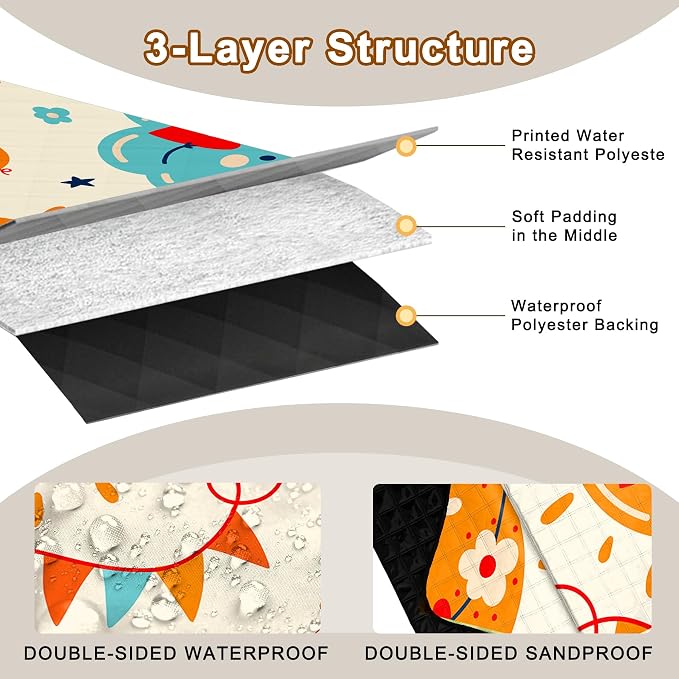 Poedist Extra Large Picnic Blanket Waterproof,80"x 80"Foldable Machine Washable Beach Blanket,Outdoor Blanket for 6-8 Adults,Suitable for Indoor Crawling,Park Beach,Camping,Hiking,Family Travel(Sun)