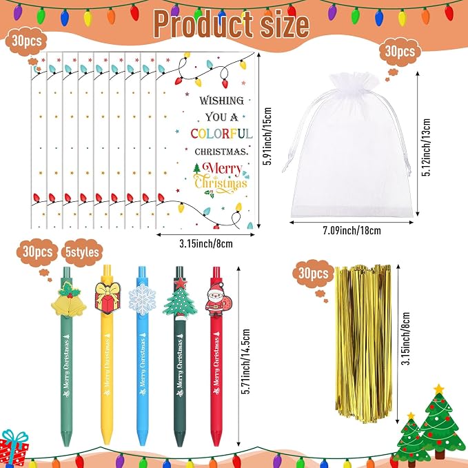 Marspark 30 Set Colorful Christmas Gifts Bulk Christmas Ballpoint Pens and Greeting Cards Set with Bag Twist Ties for Employee Coworker Teacher Student School Office Home Party Favor