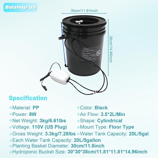 Hydroponics Growing System Kit 5-Gallon Deep Water Culture Recirculating Drip Grow System Indoor Garden Grow System with Hose, Air Pump, and Air Stone (1 Bucket + Drip Irrigation)