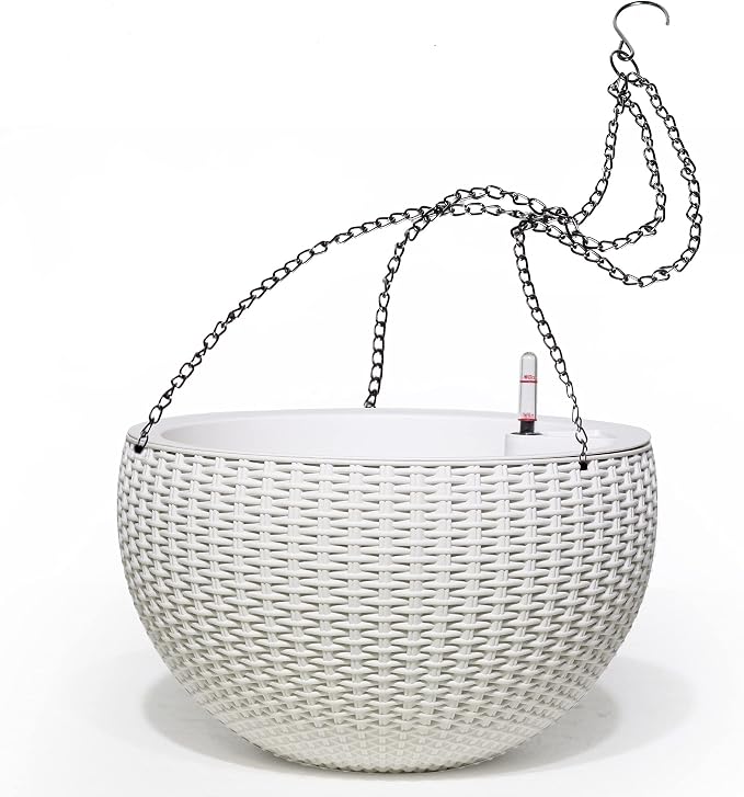Dexceder 9 Inch Self Watering Hanging Planter (White) | Thickened Hanging Basket Flower Plant Pot with Water Level Indicator Indoor Outdoor
