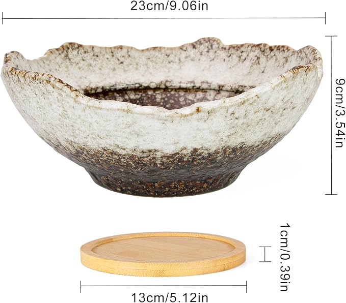 ARTKETTY Bonsai Pots - 9.06 Inch Large Plant Pots, Unique Succulent Pots with Drainage Tray, Ceramic Planters for Indoor Cactus Flower Plants Round Bonsai Tree Pots Decorative Home Office
