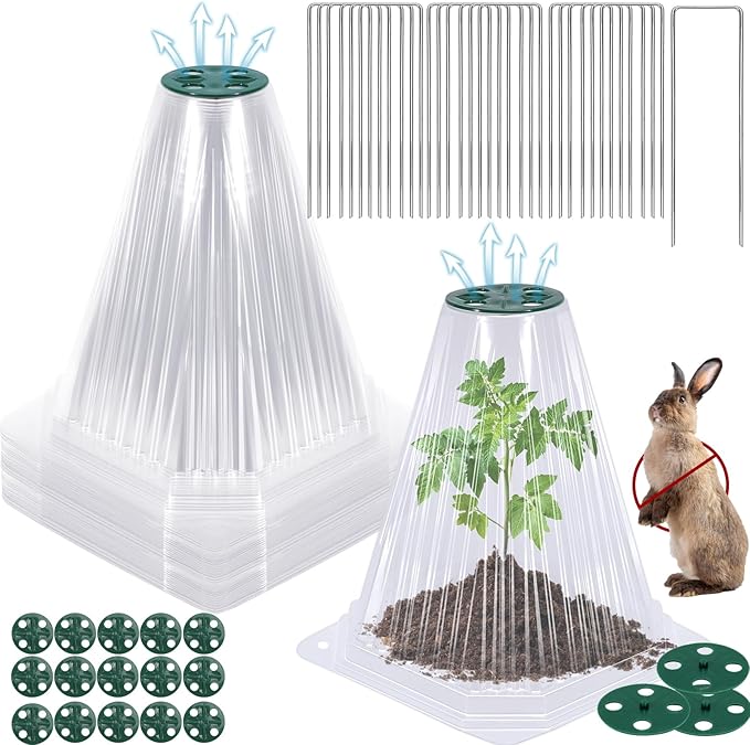 VICAMB 20 Pack Garden Cloches for Plants with 40PCS Ground Stakes,Clear Reusable Bell Covers with Rotatable Vent for Plant Protection,Garden Protector from Animals Birds Chicken,7.9" H X 6.7" D
