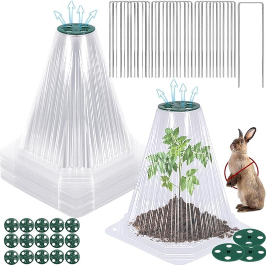 VICAMB 20 Pack Garden Cloches for Plants with 40PCS Ground Stakes,Clear Reusable Bell Covers with Rotatable Vent for Plant Protection,Garden Protector from Animals Birds Chicken,7.9" H X 6.7" D