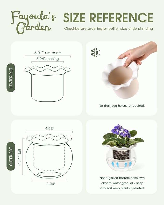 Fayoula 6 Inch African Violet Pots Maintenance, Glass Self-Watering Planter for Indoor Plants - Ideal Flower Pot for Thriving Indoor Gardens, Pots Only (Version 2)