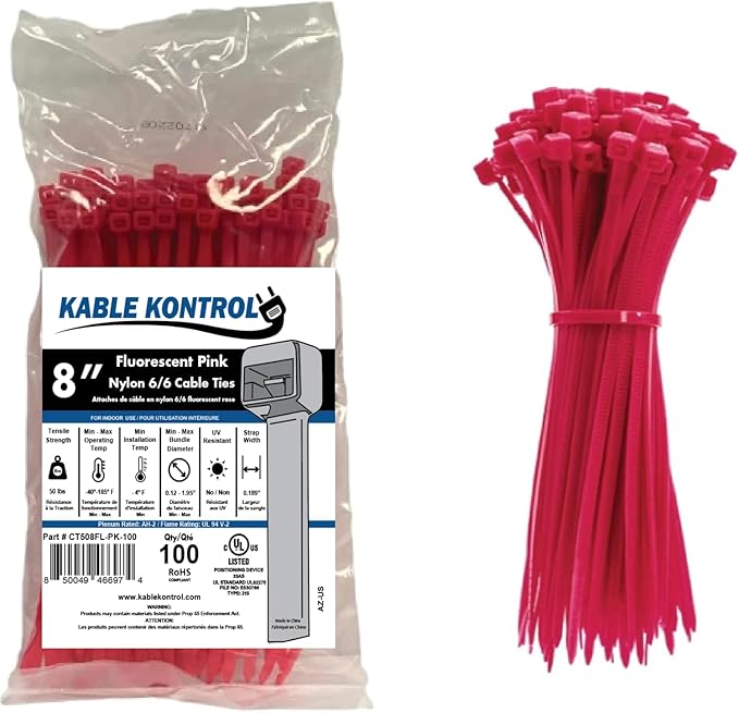 Kable Kontrol Fluorescent Pink Zip Ties 8 Inch 100 Pcs, 50 Lbs Tensile Strength, Self-locking Nylon Colored Cable Ties Wire Wraps for Indoor or Outdoor Use…