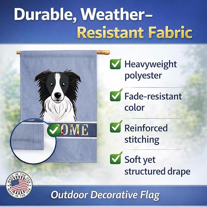 Caroline's Treasures BB1427CHF Border Collie Welcome House Flag, Blue Large Porch Sleeve Pole Decorative Outside Yard Banner Artwork Wall Hanging, Polyester, House Size, Multicolor