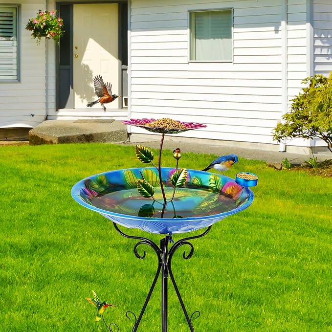 DREAMSOUL 20" Dia Bird Bath Stand Metal Birdbath with Folding Bracket, 2 in 1 Hummingbird Deep Bird Bath for Outside