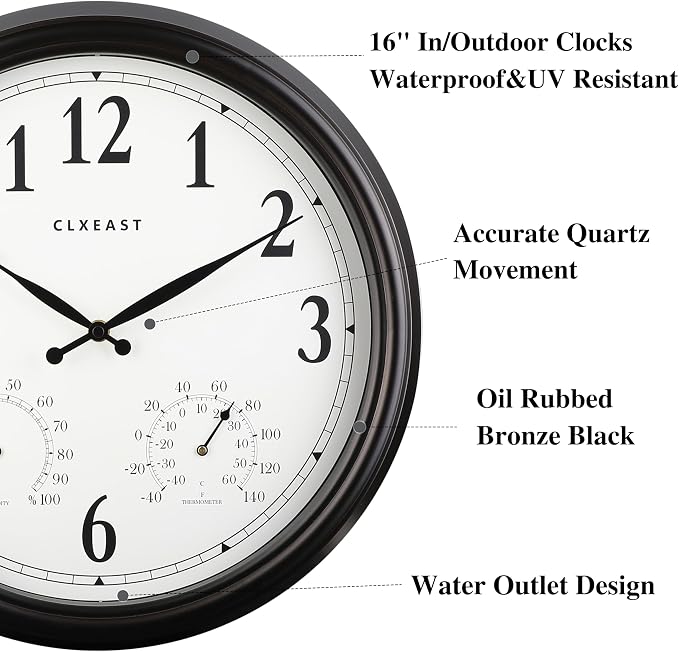 CLXEAST 16 Inch Indoor Outdoor Clocks Waterproof, Large Outdoor Clock with Temperature and Humidity for Patio,Porch,Pool,Oil Rubbed Bronze Black Finish