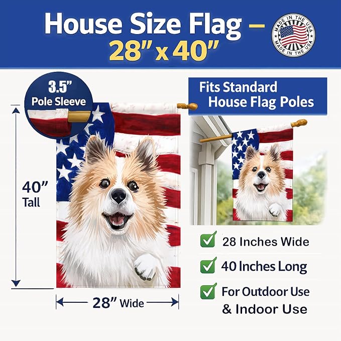 Caroline's Treasures CK6566CHF Icelandic Sheepdog Dog American Flag House Flag Large Porch Sleeve Pole Decorative Outside Yard Banner Artwork Wall Hanging, Polyester, House Size, Multicolor