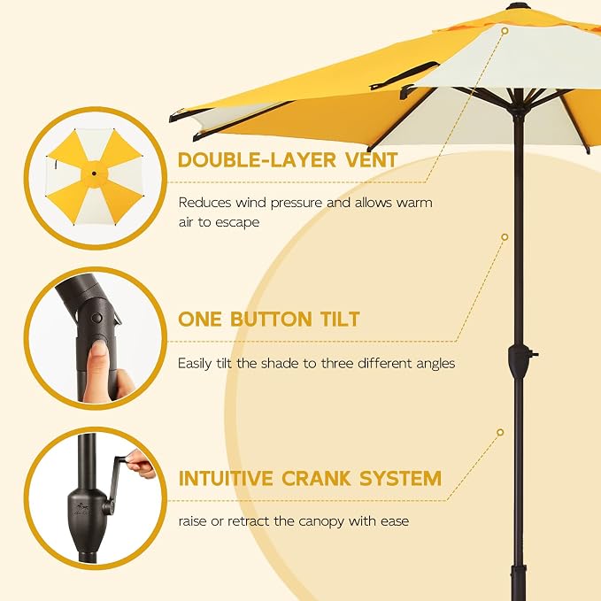 Abba Patio 9FT Lyon Outdoor Patio Umbrella Outdoor Table Umbrella with Crank Market Umbrella 8 Sturdy Ribs UV Protection Waterproof and Push Button Tilt for Garden Deck Backyard Pool,Yellow & Cream