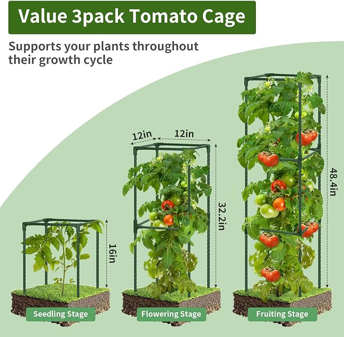 ROADPLUM 3 Pack 48" Tomato Cage for Garden, Heavy Duty Adjustable Plastic Coated Steel Pipe Tomato Stakes Trellis Plant Cages for Vegetable, Fruit, Flower, Rose Vine Climbing Plants