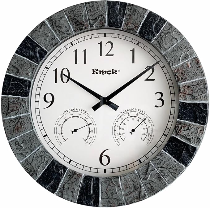 13.5" Faux Slate Wall Clock with Thermometer/Hygrometer | Waterproof, Silent, Indoor/Outdoor, Battery Operated, Light Grey/Black Frame